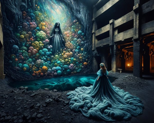 Cavernous Space with Mystical Mural and Blue Gown