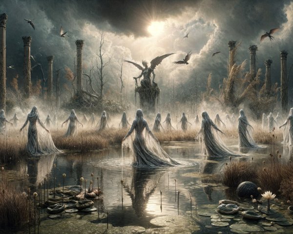 Surreal Landscape with Ghostly Figures and Statues