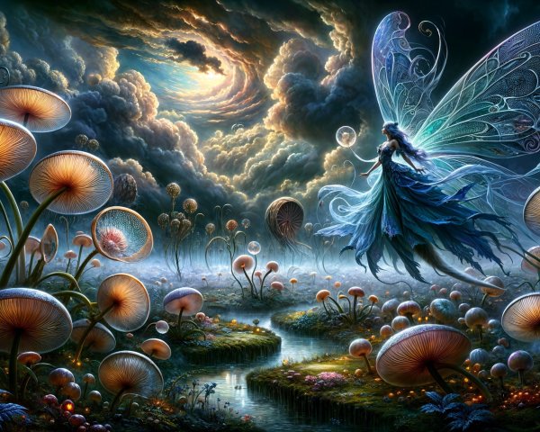 Fairy in Enchanted Forest with Luminescent Mushrooms