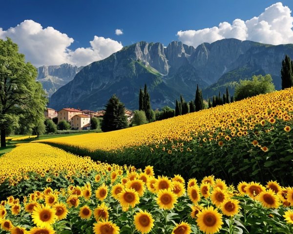 Vibrant Sunflower Field with Majestic Mountains and Sky