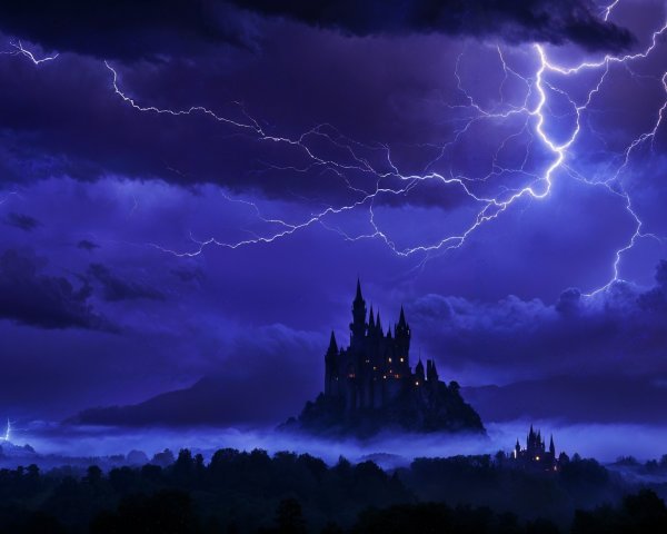 Dramatic Castle Scene with Lightning and Ominous Clouds