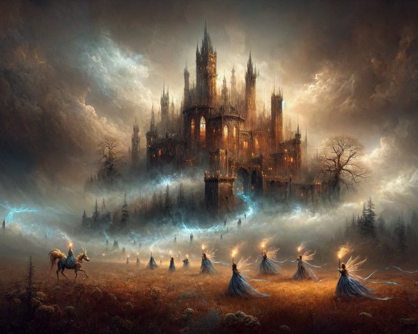 Mystical Landscape with Castle and Ethereal Figures