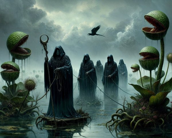 Surreal Landscape with Shadowy Figures and Carnivorous Plants