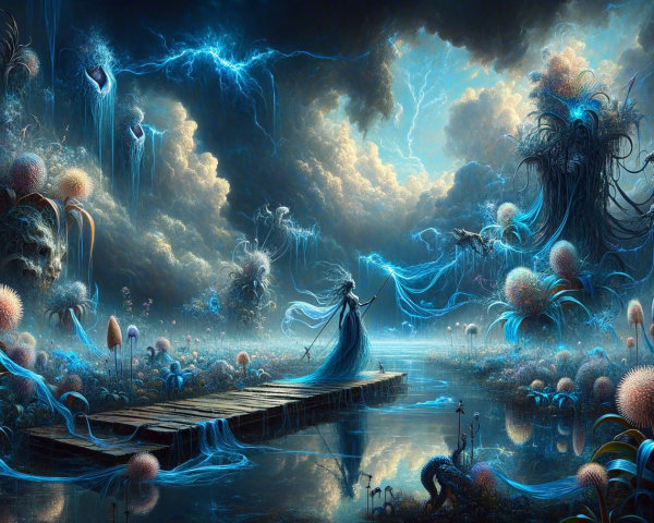 Surreal Landscape with Woman in Blue Gown and Flora