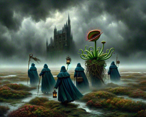 Cloaked Figures Journey to Dark Castle in Foggy Landscape