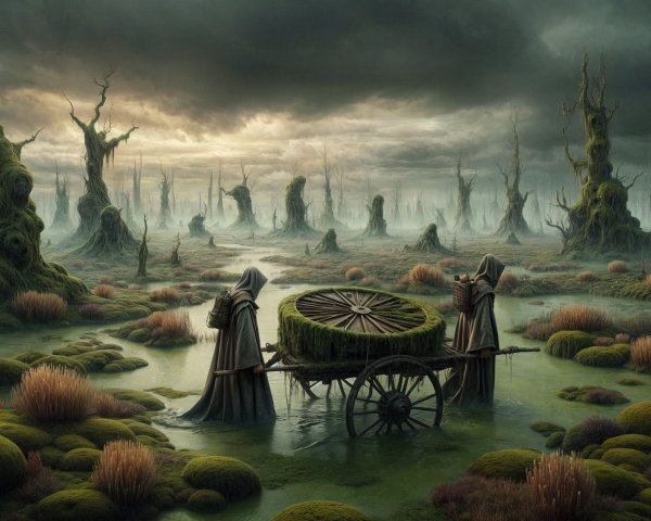 Hooded Figures in a Surreal Misty Landscape