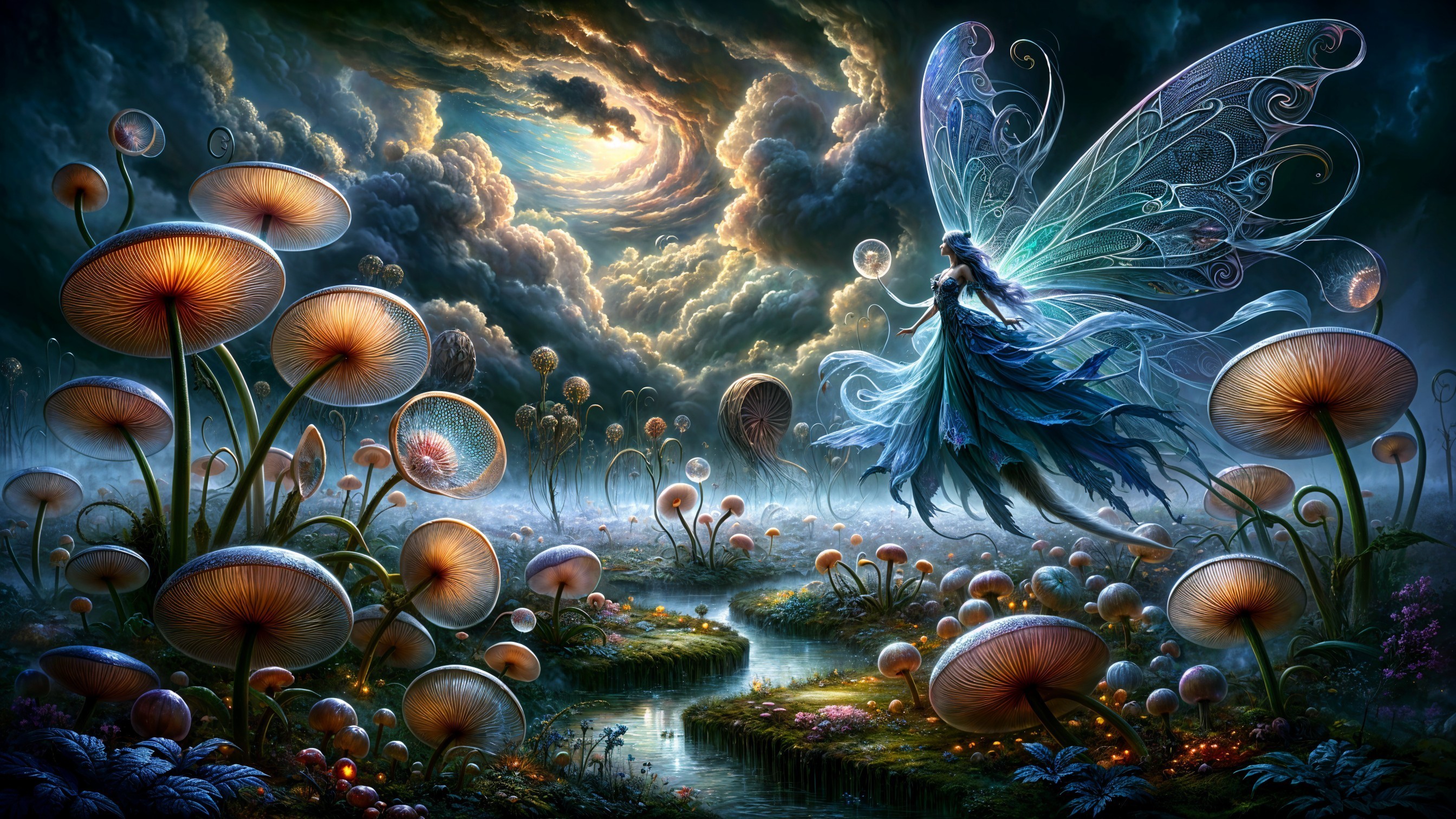 Fairy in Enchanted Forest with Luminescent Mushrooms