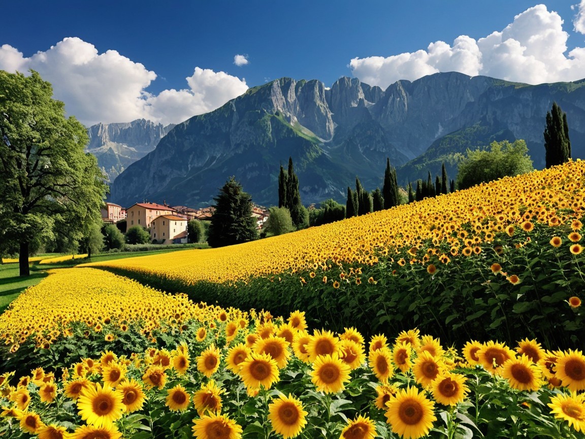 Vibrant Sunflower Field with Majestic Mountains and Sky