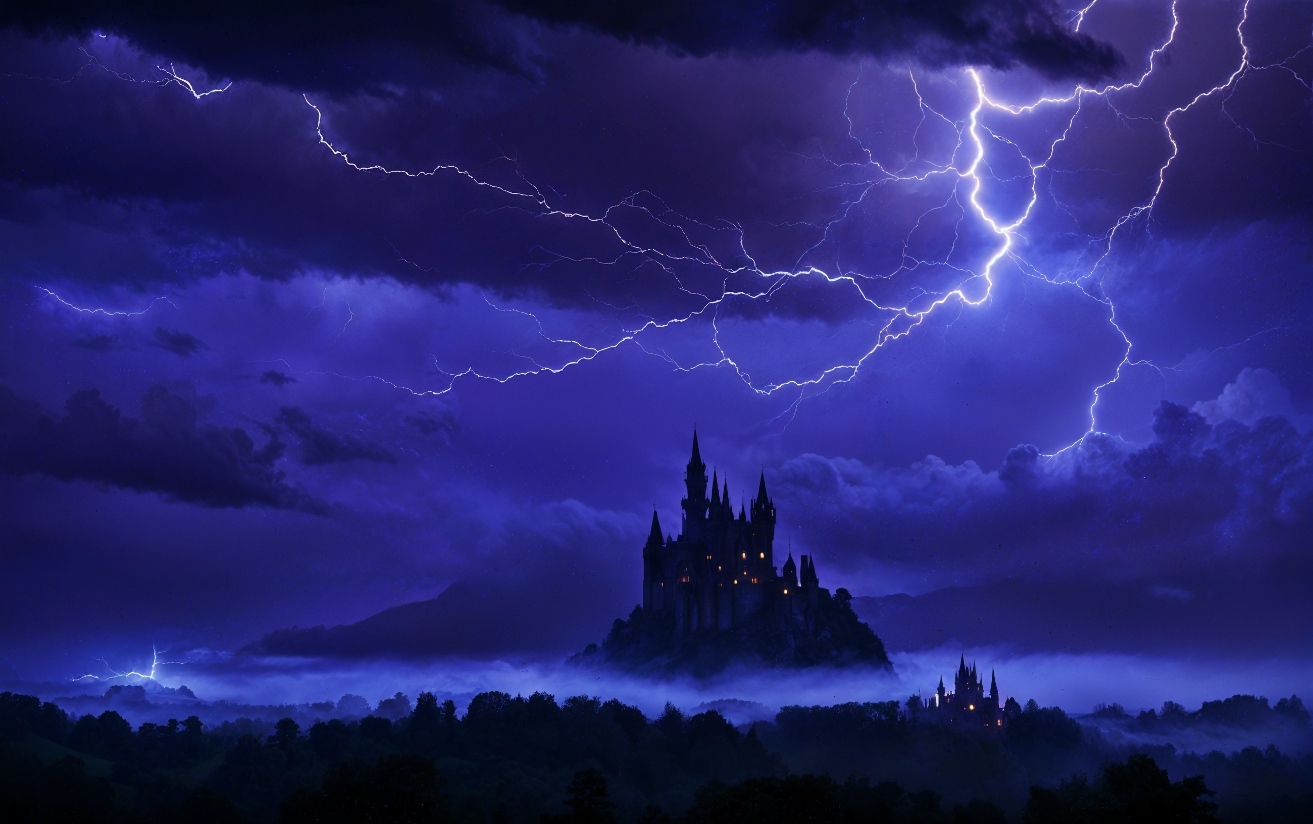 Dramatic Castle Scene with Lightning and Ominous Clouds