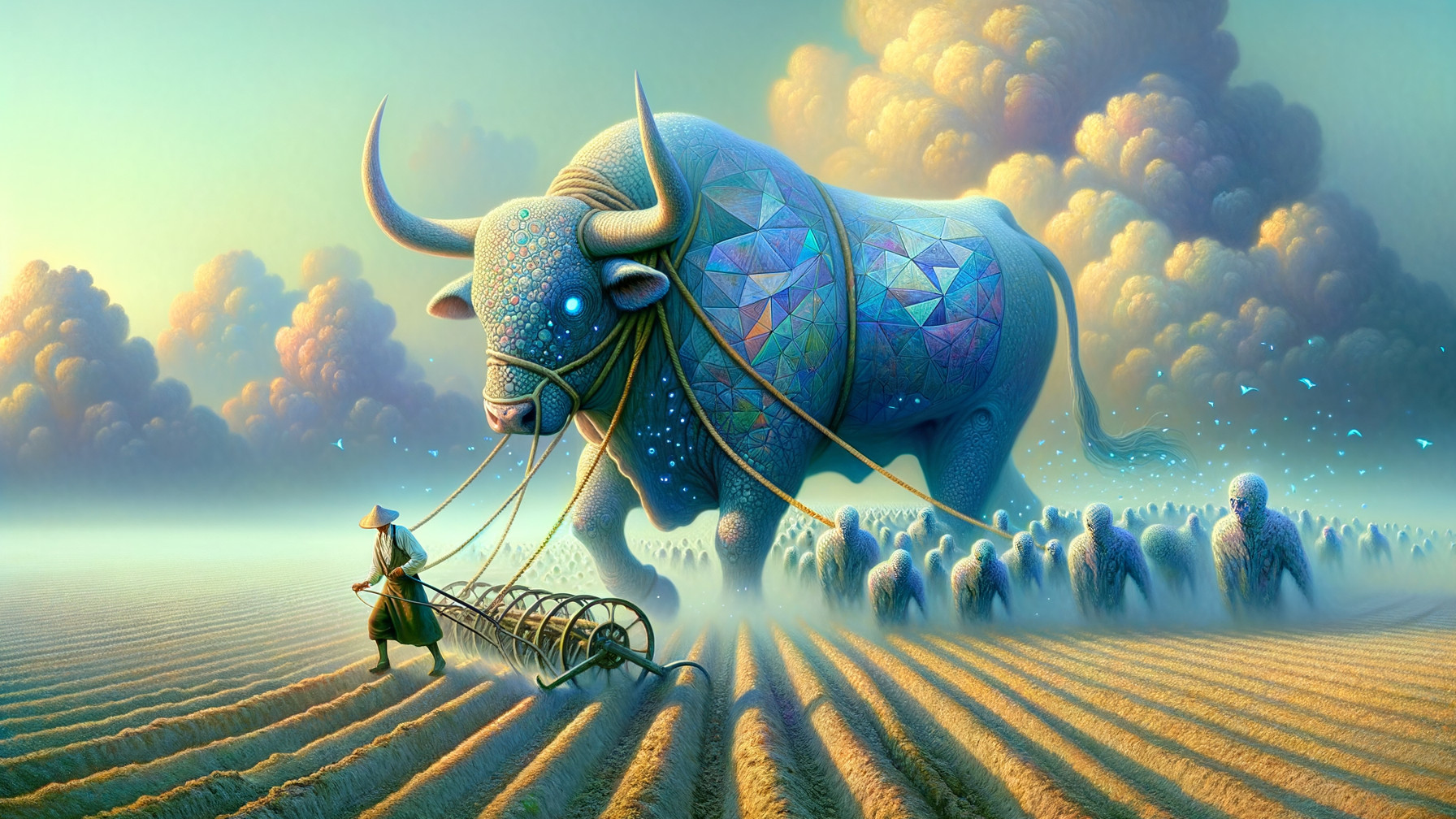 Surreal Landscape with Ornate Bull and Farmer in Fields