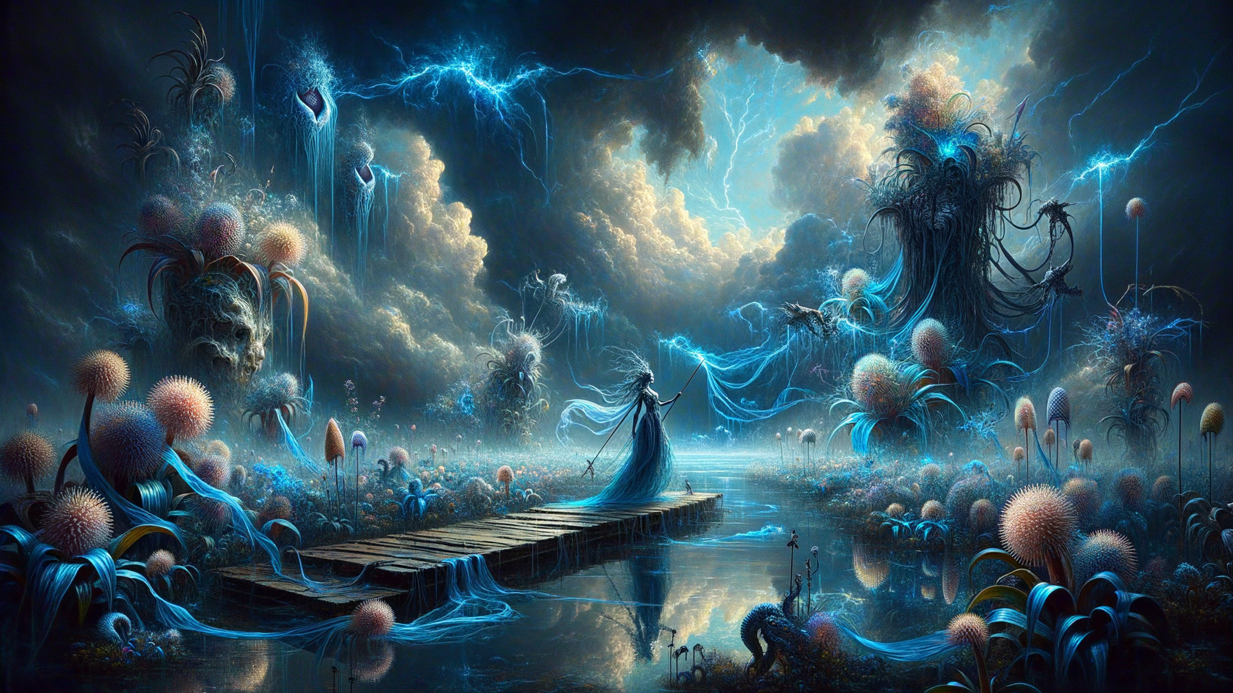 Surreal Landscape with Woman in Blue Gown and Flora