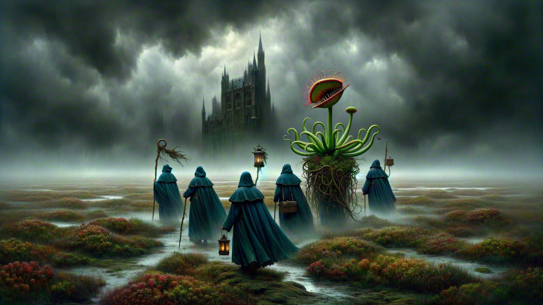 Cloaked Figures Journey to Dark Castle in Foggy Landscape
