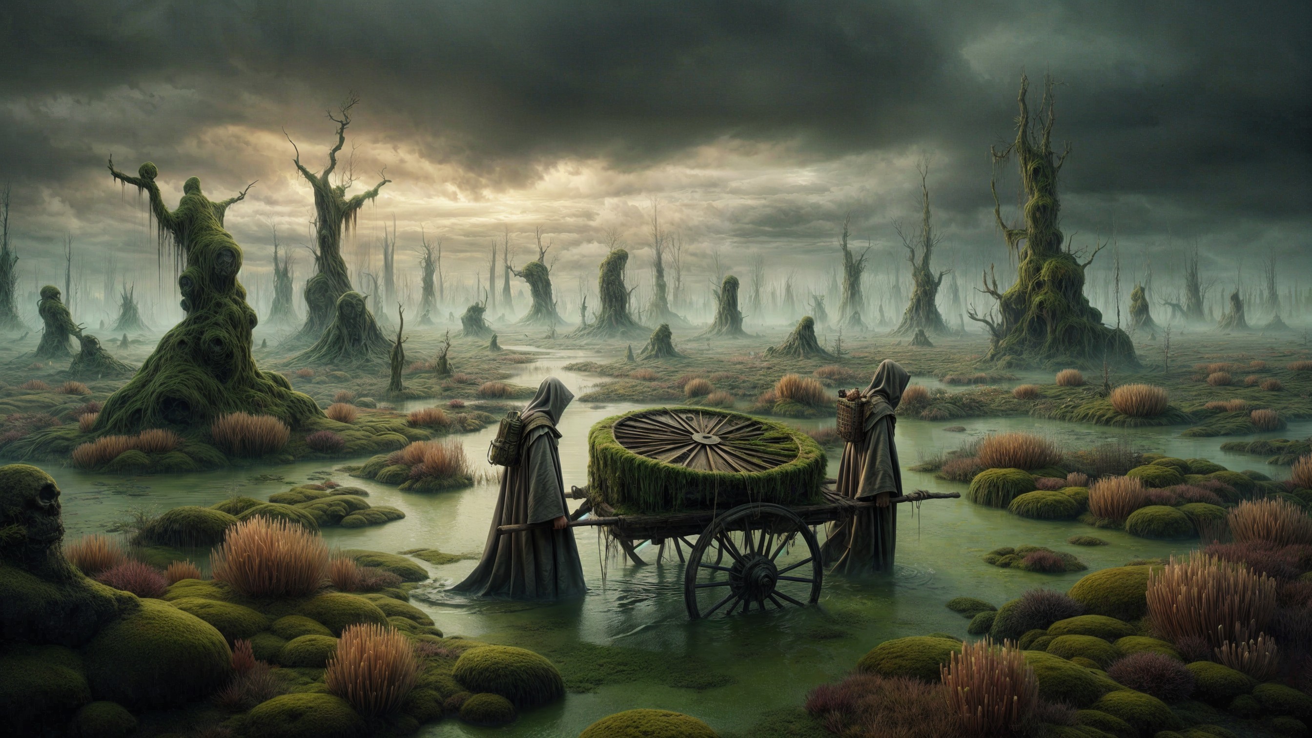 Hooded Figures in a Surreal Misty Landscape