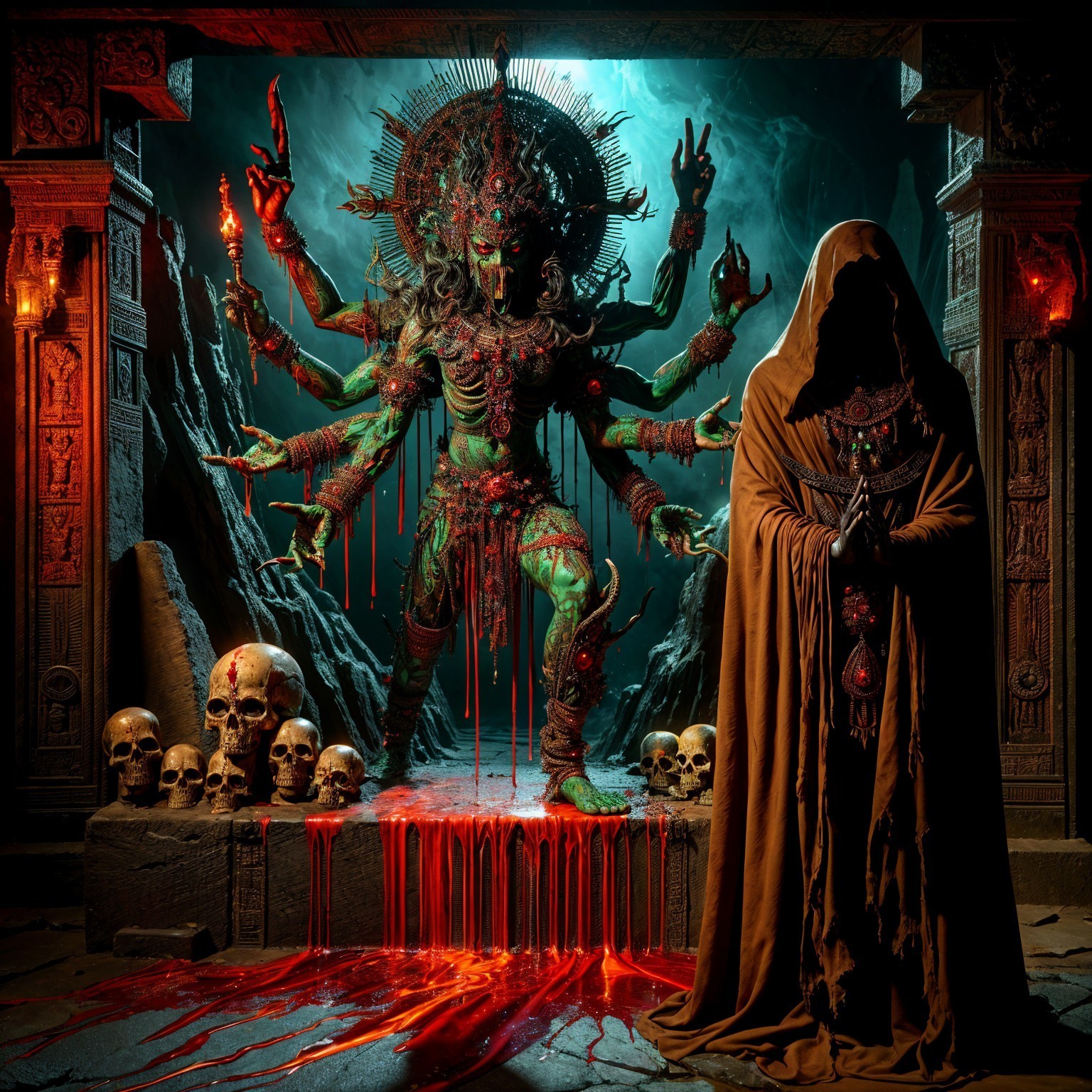 Dramatic Scene of a Multi-Armed Deity and Cloaked Figure