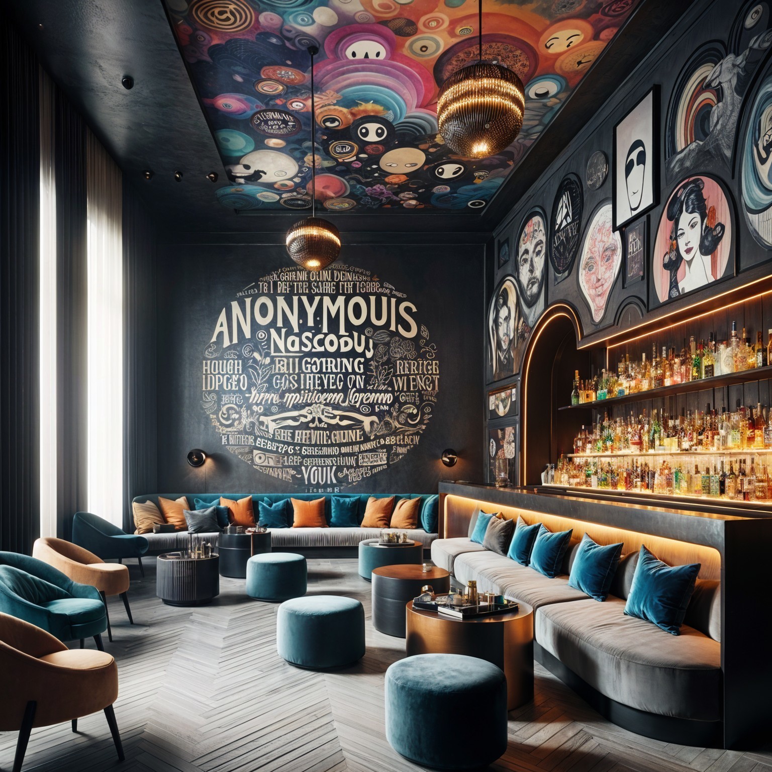 Stylish Lounge with Vibrant Murals and Eclectic Artwork