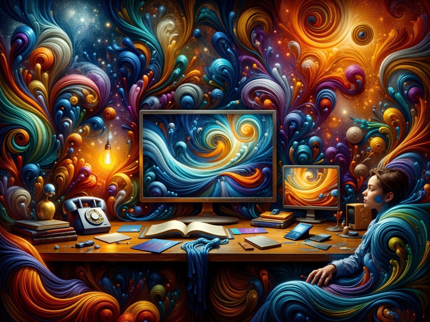Vibrant Abstract Landscape with Creative Workspace