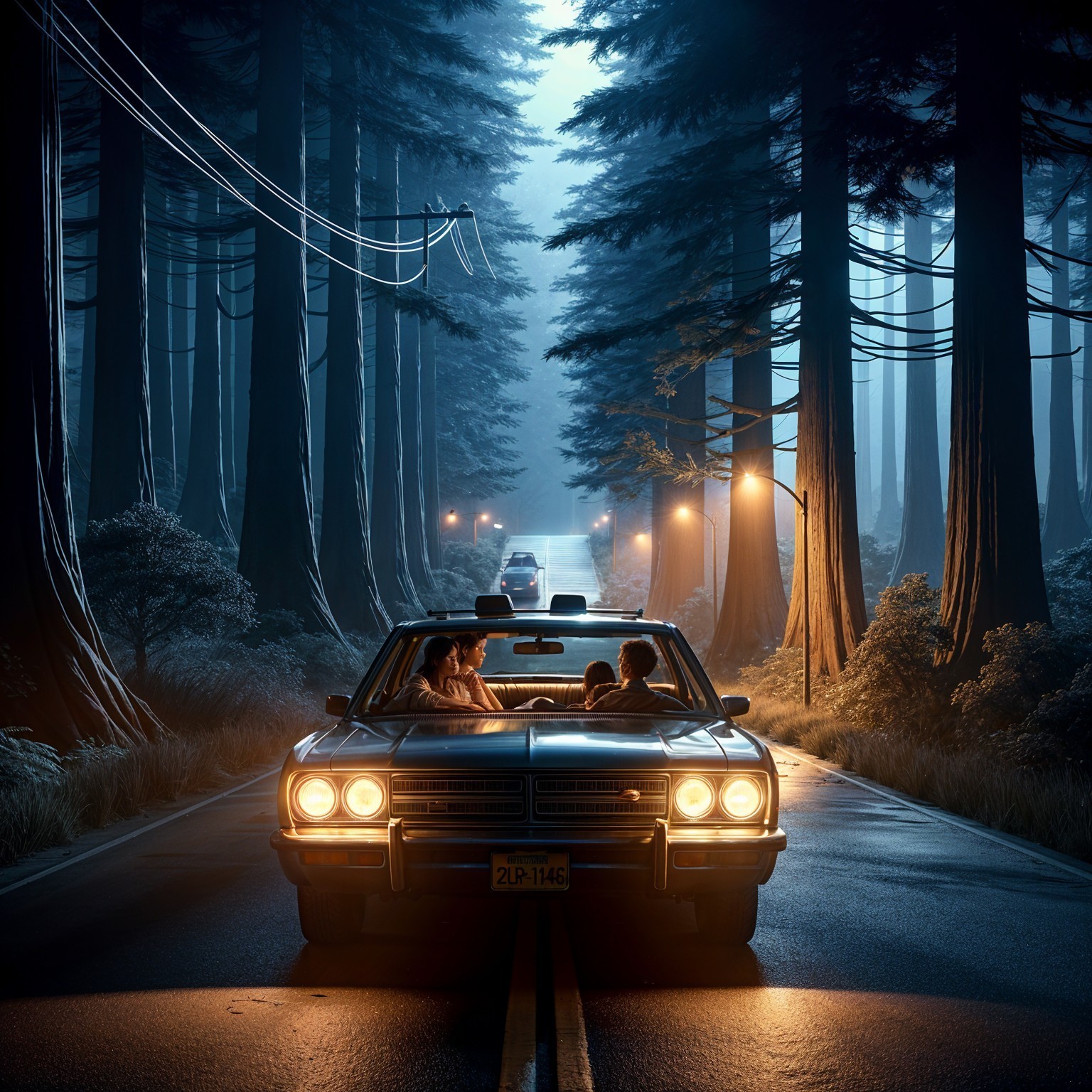 Vintage Car on a Winding Road in a Dim Forest