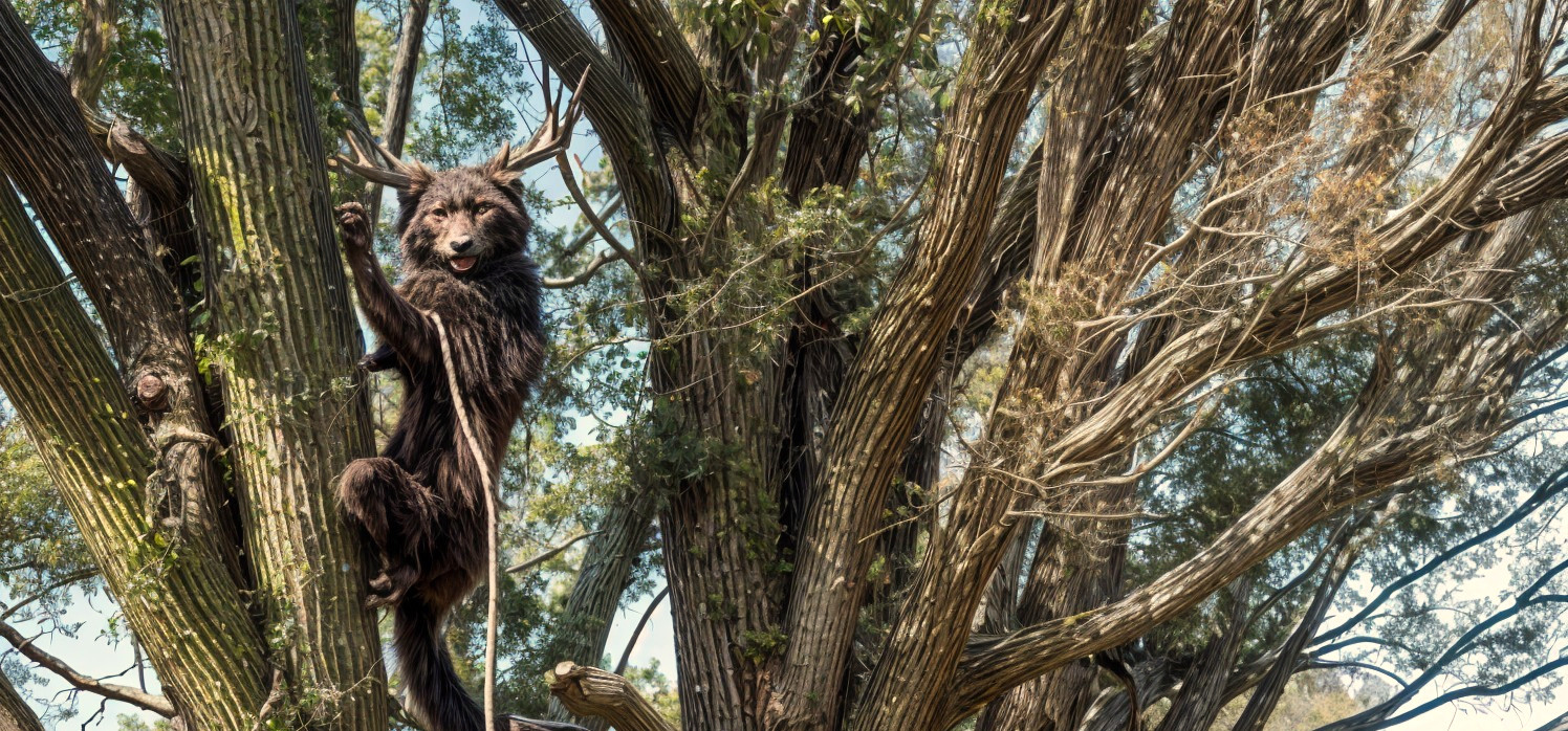 Whimsical Creature Climbing Tree in Sunlit Forest