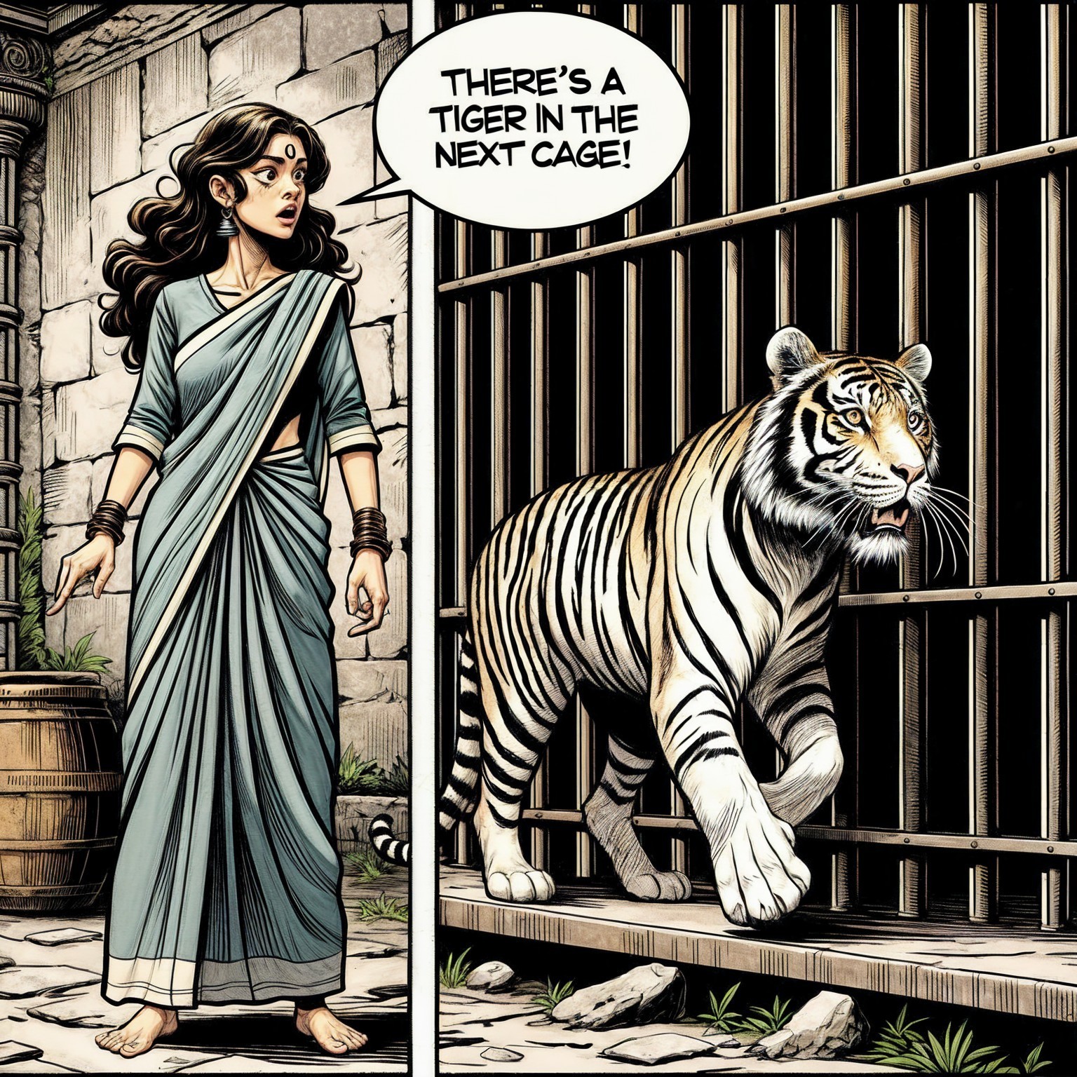 Surprised Woman in Sari Observes Tiger in Cage