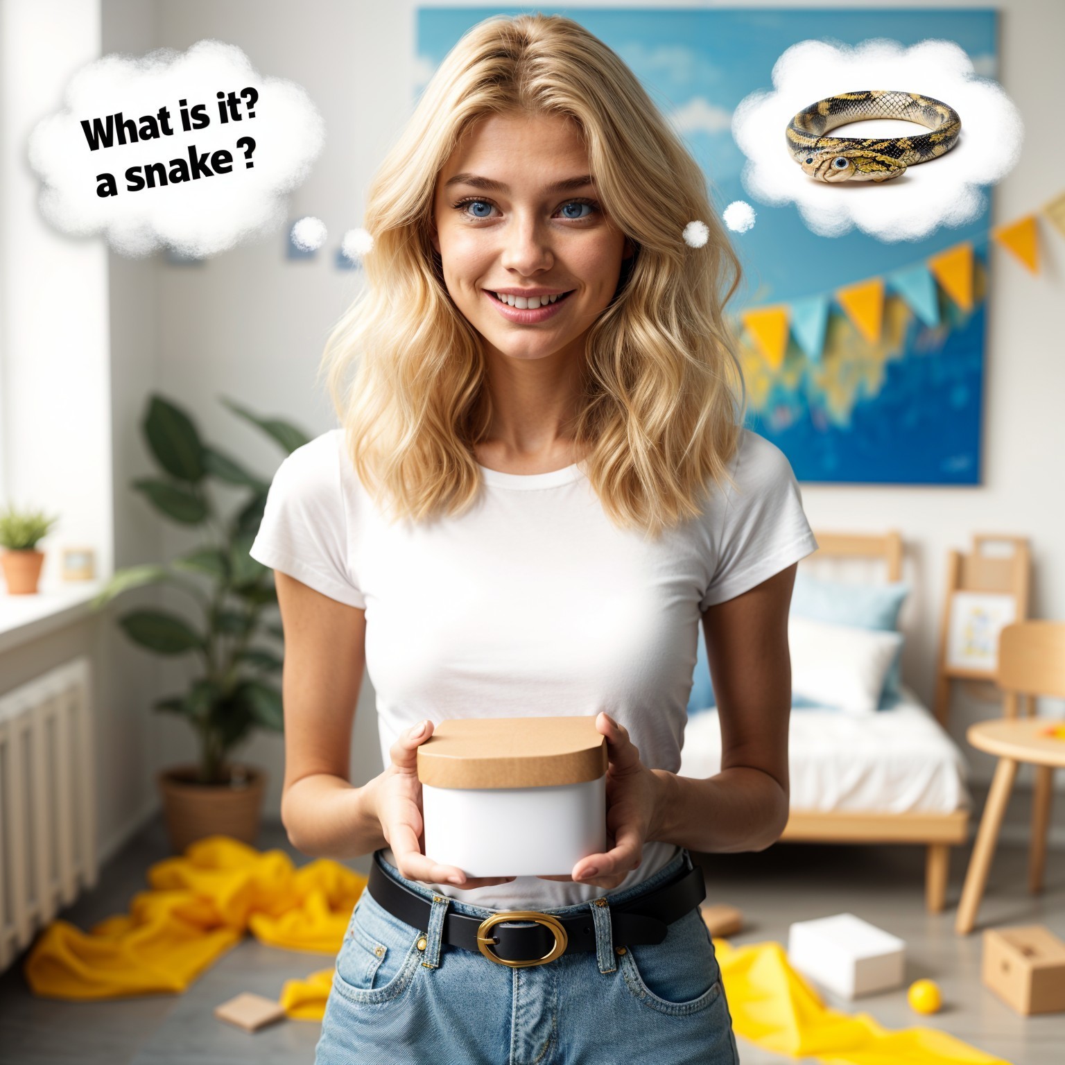 Young Woman in Bright Room with Container and Thought Bubbles