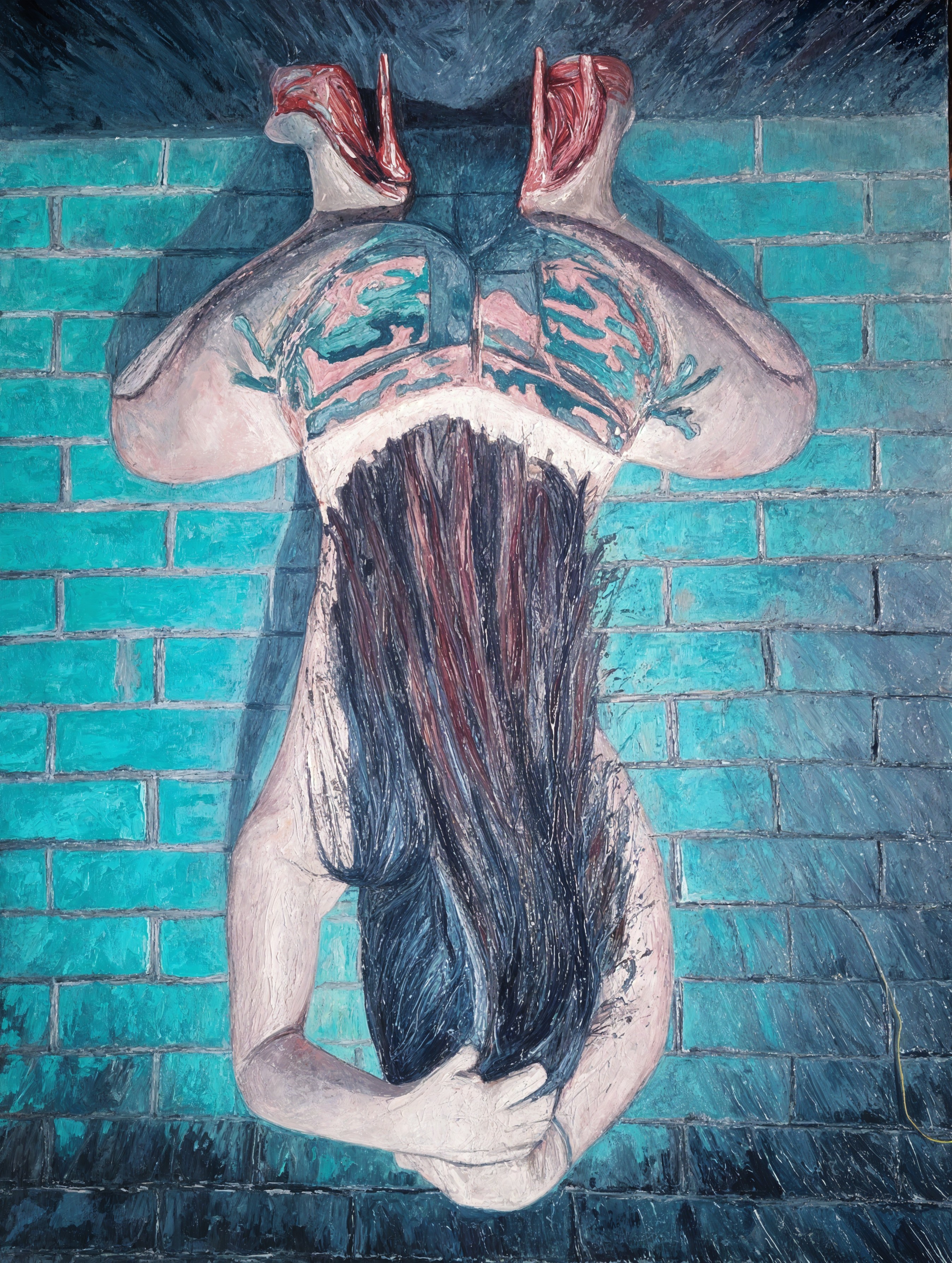 Upside Down Figure with Dark Hair Against Teal Wall
