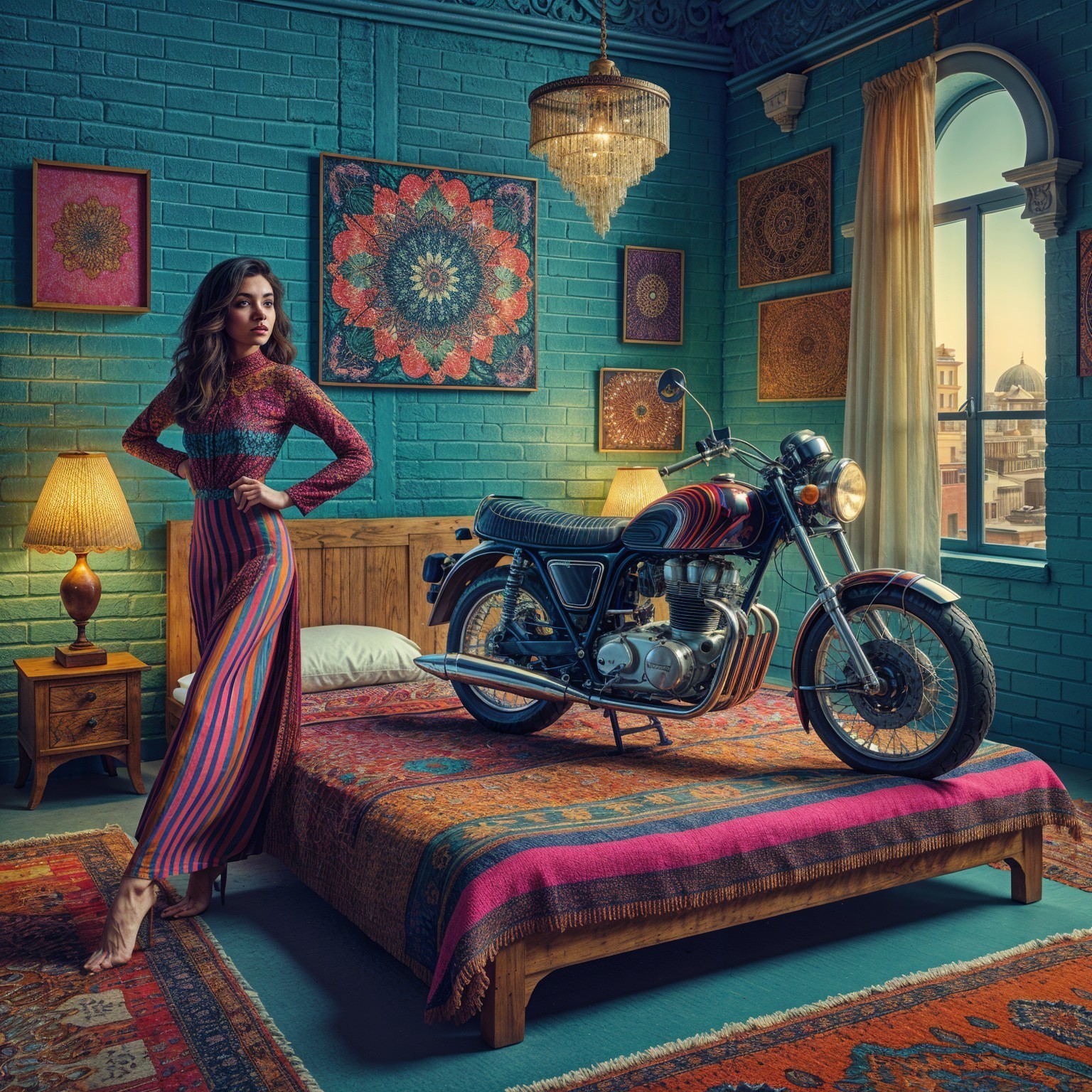 Vibrant Bedroom with Woman and Classic Motorcycle