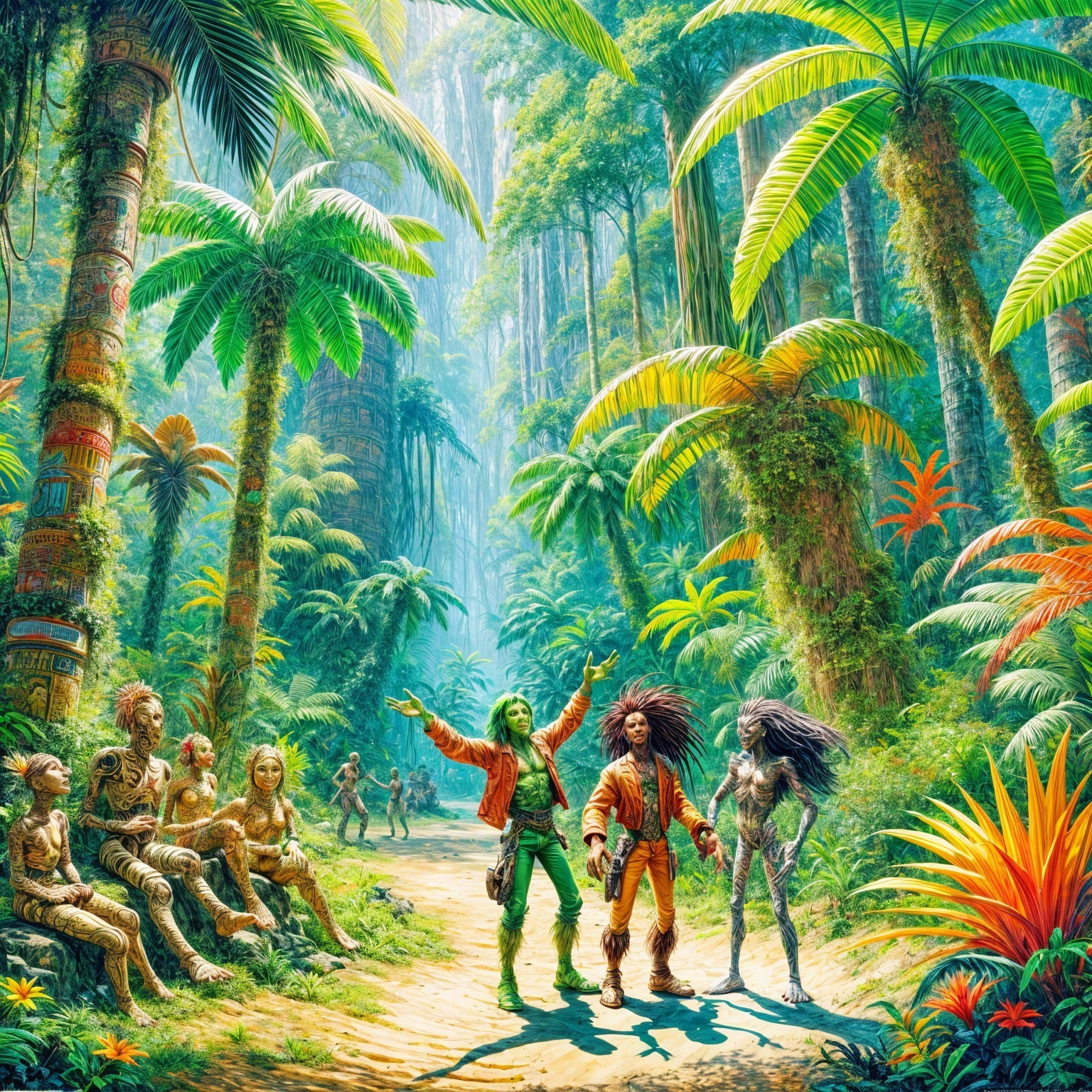 Vibrant Jungle Scene with Ancient Stone Sculptures