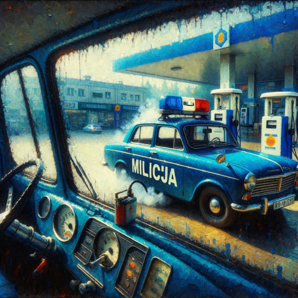 Vintage Blue Police Car at Gas Station with Nostalgic Vibe