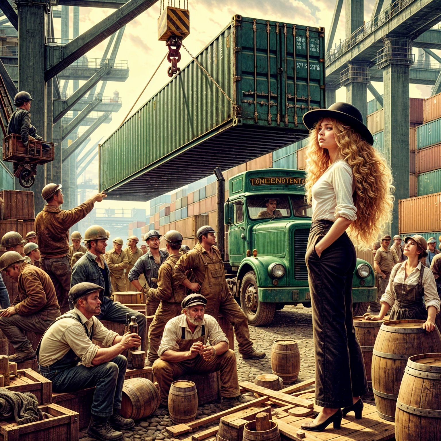 Dockyard Scene with Confident Woman and Workers