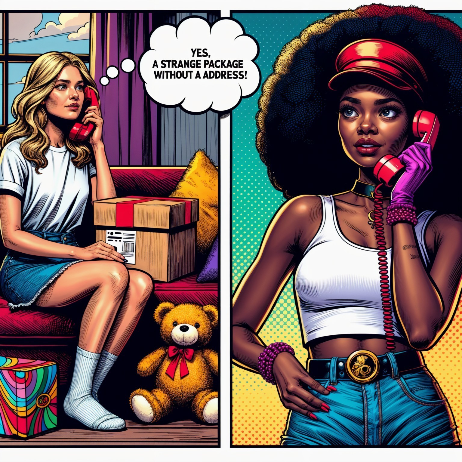 Comic Scene with Women Discussing Mysterious Package
