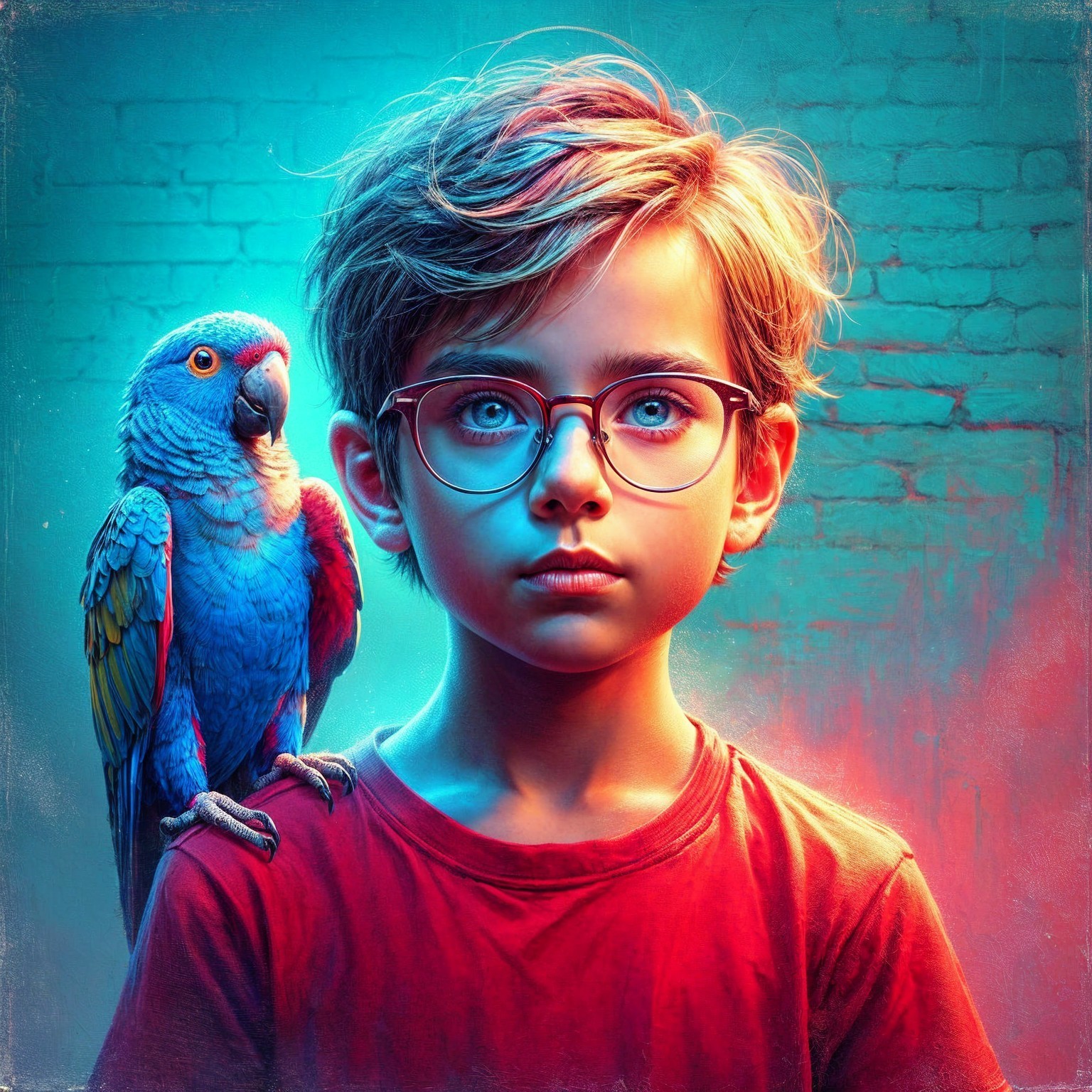 Young boy with parrot against colorful backdrop