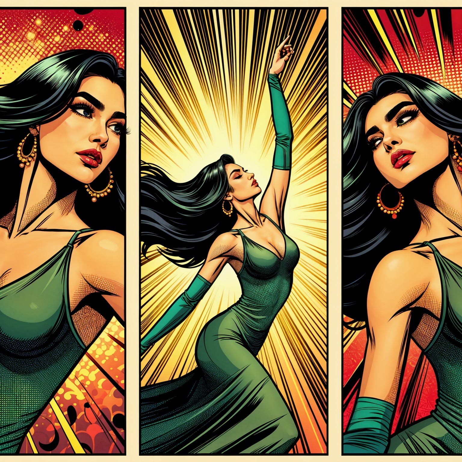 Comic-Style Artwork of Confident Woman in Green Gown
