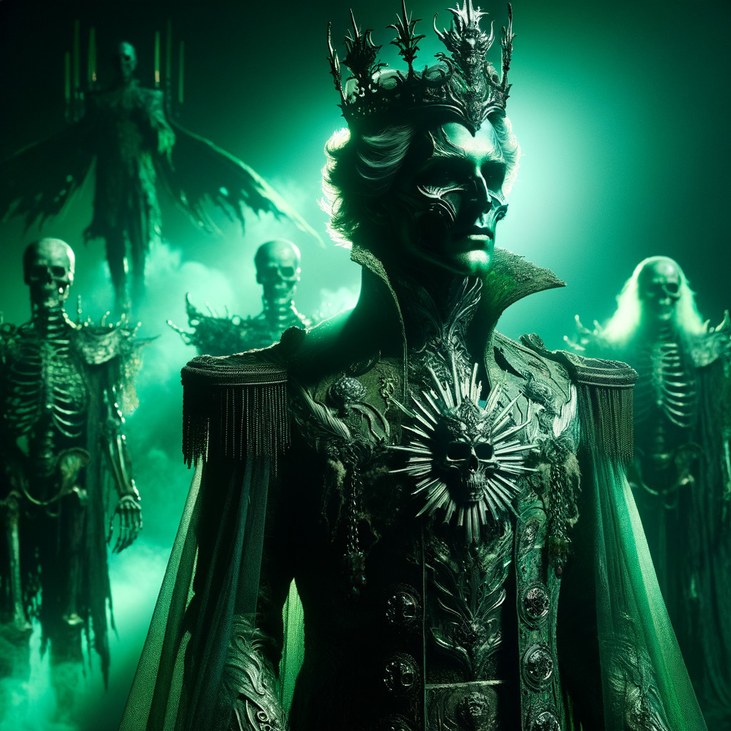 Regal figure in dark attire with skull motifs and shadows