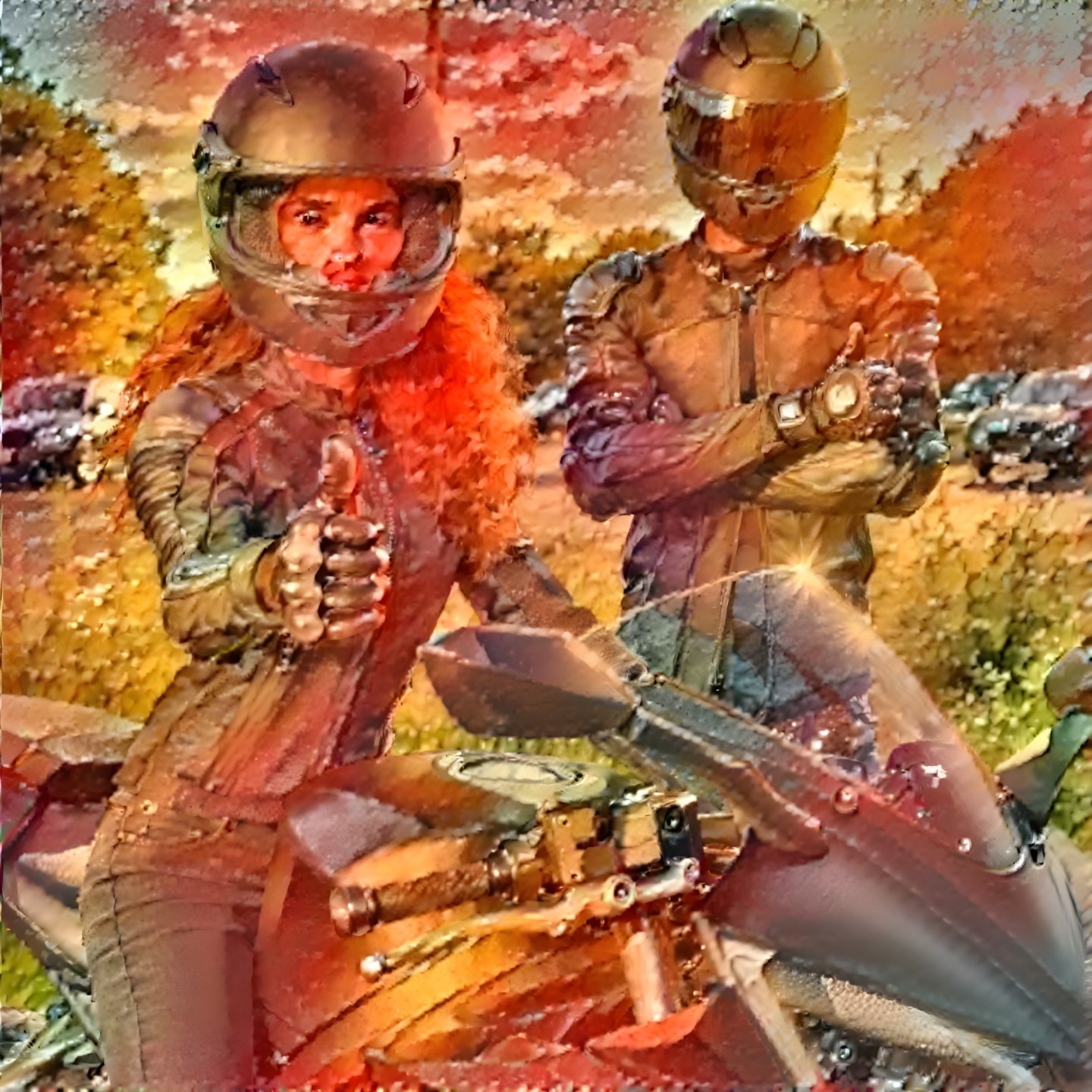 Motorcyclists in Matching Gear Against Sunset Background