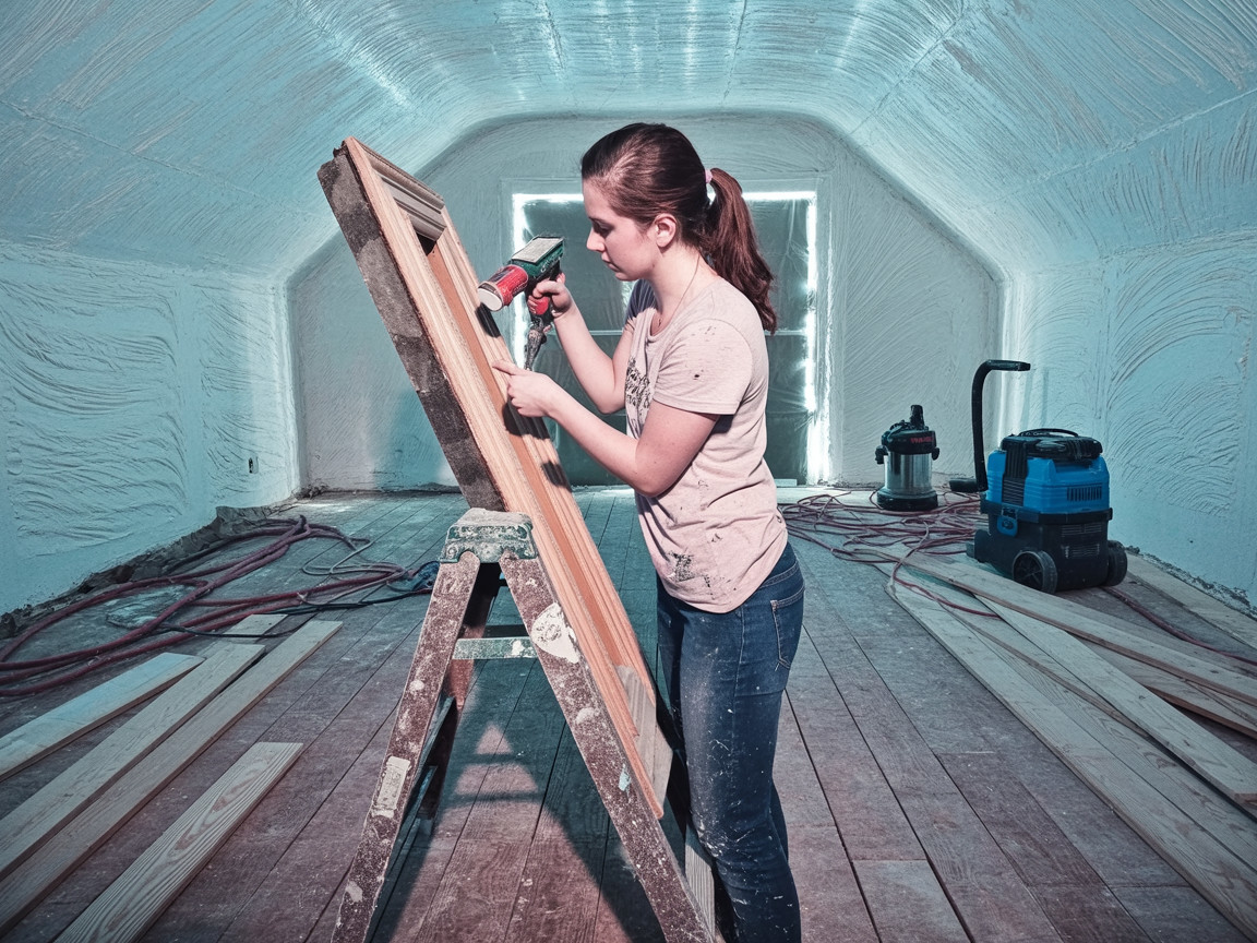 Young Woman Woodworking with Power Drill in Minimalist Space