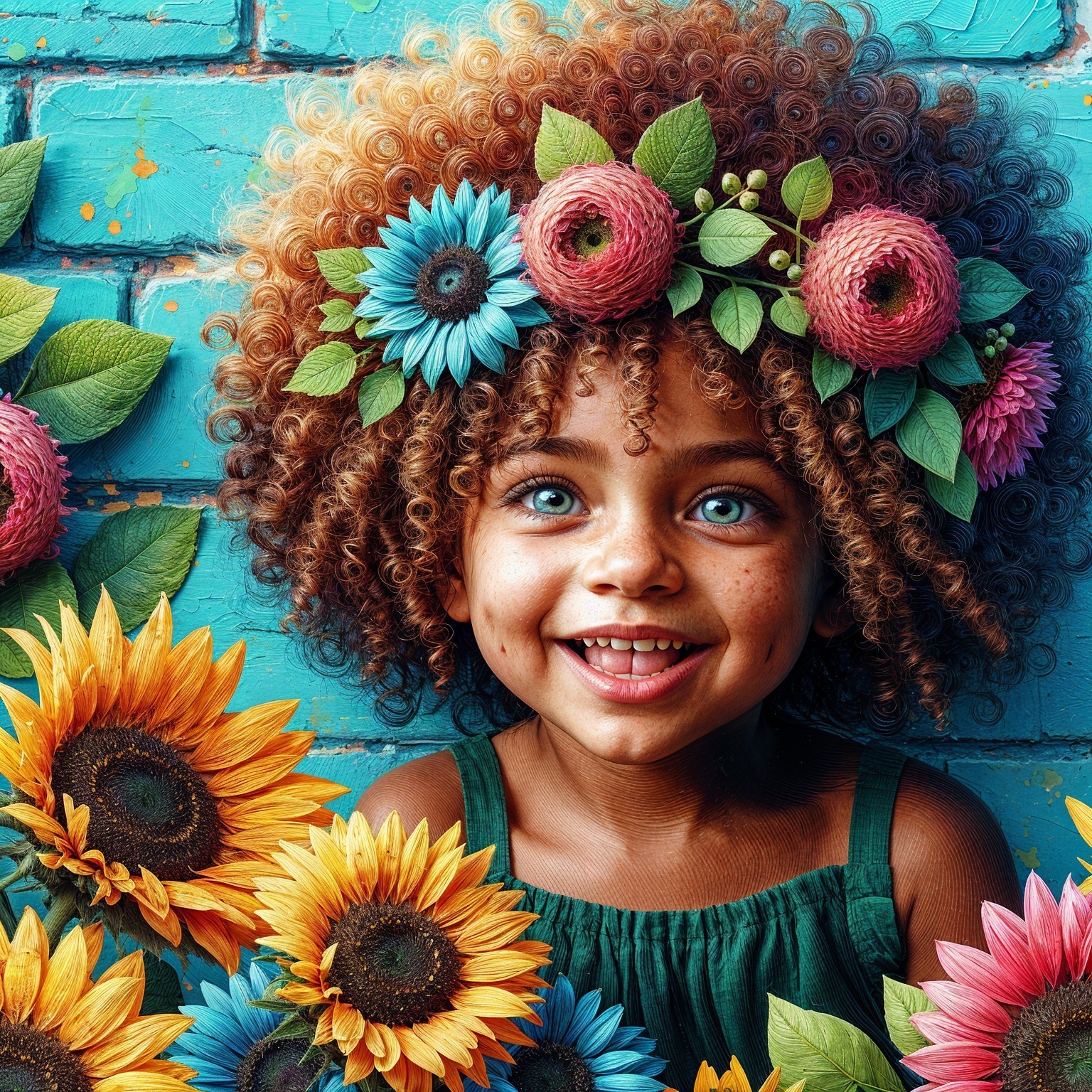 Joyful Child Surrounded by Flowers and Sunflowers