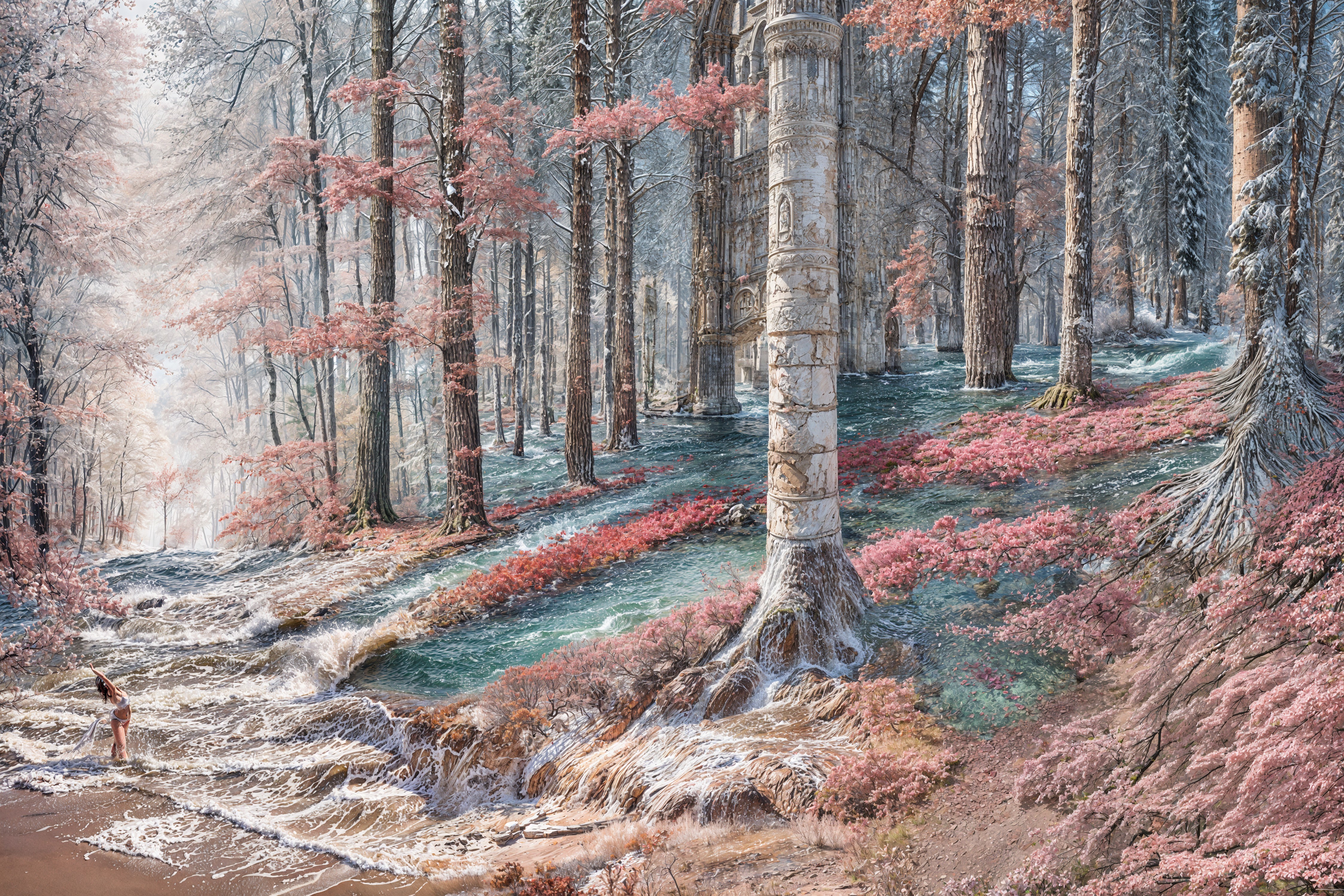 Serene forest scene with tall trees and gentle stream