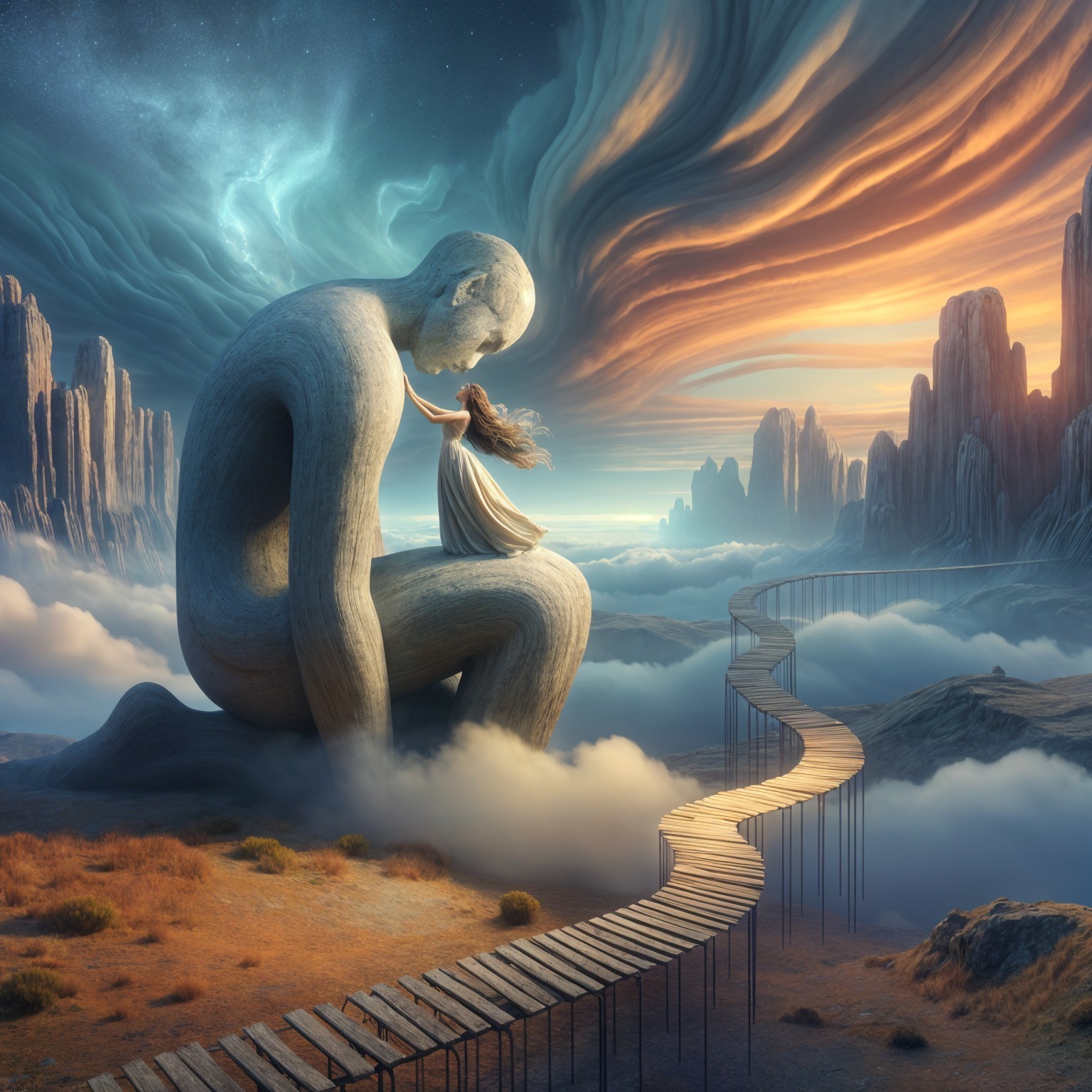 Surreal Landscape with Giant Figure and Tiny Woman