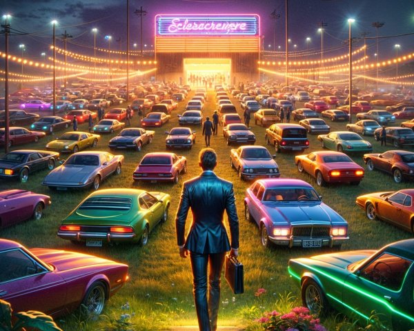 Man in Suit at Neon-Lit Entrance with Classic Cars