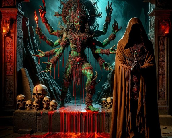 Dramatic Scene of a Multi-Armed Deity and Cloaked Figure