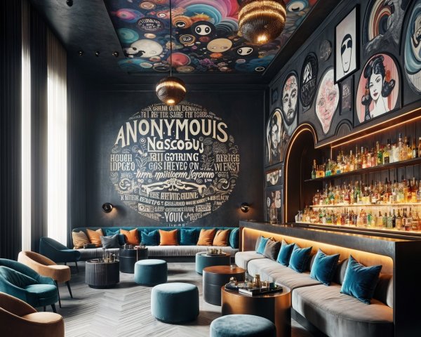 Stylish Lounge with Vibrant Murals and Eclectic Artwork