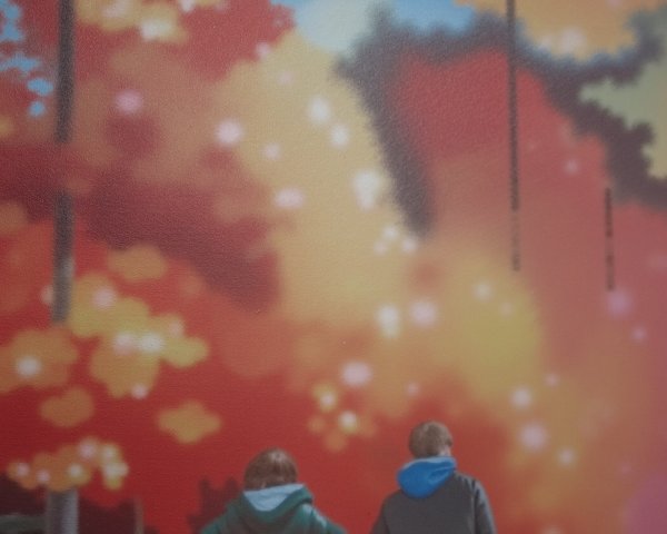 Figures Walking Against a Vibrant Colorful Backdrop