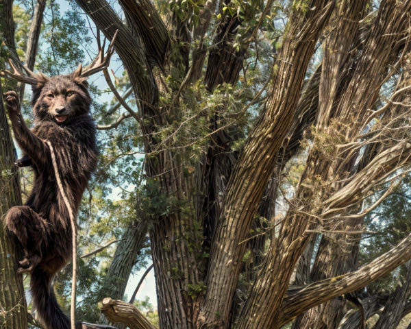 Whimsical Creature Climbing Tree in Sunlit Forest