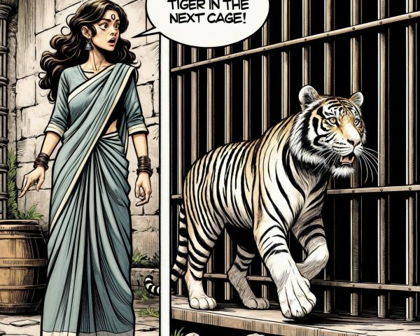 Surprised Woman in Sari Observes Tiger in Cage