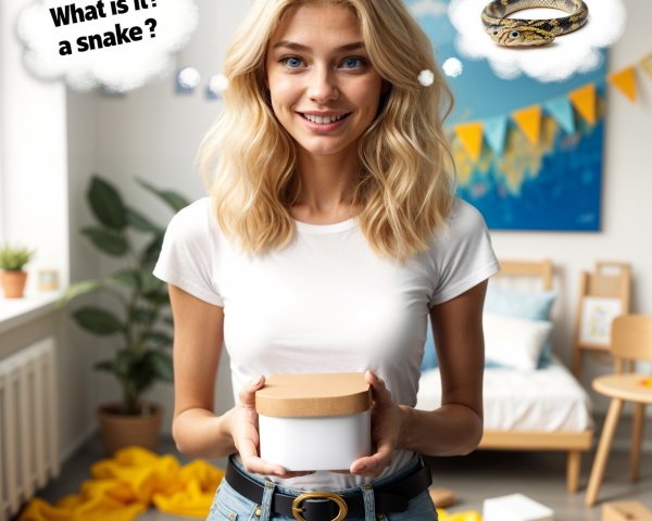 Young Woman in Bright Room with Container and Thought Bubbles