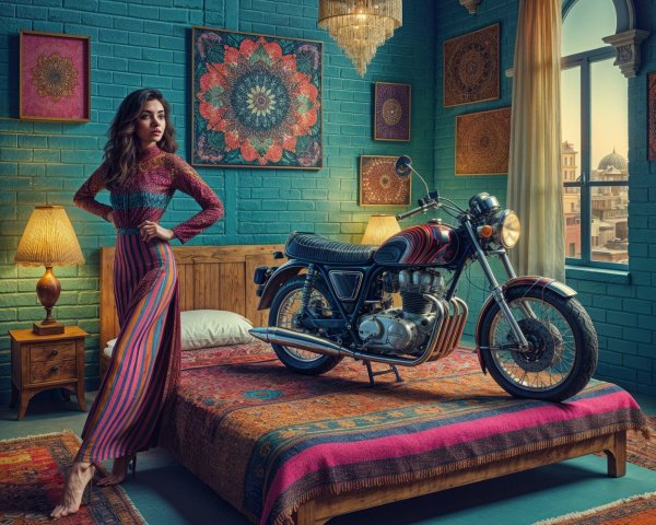 Vibrant Bedroom with Woman and Classic Motorcycle