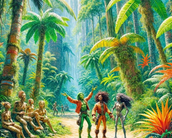 Vibrant Jungle Scene with Ancient Stone Sculptures
