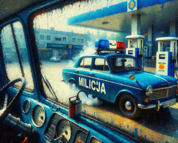 Vintage Blue Police Car at Gas Station with Nostalgic Vibe