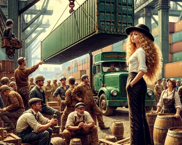 Dockyard Scene with Confident Woman and Workers