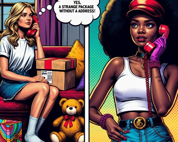 Comic Scene with Women Discussing Mysterious Package